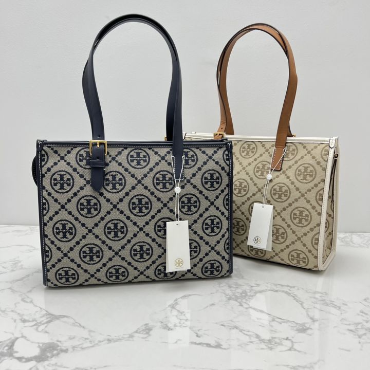 Tory Burch Navy Blue /Beige Perry T Monogram Jacquard Tote Tory Burch