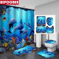 【CW】✱▧㍿  Underwater Cheerful Printing Shower Curtain with Rug Toilet Cover Set