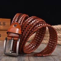 2022 New Design Hand Woven Belt Men Retro Pure Leather 4cm Wide Casual Needle Buckle Clothing Fashion Brown Accessories Denim Belts