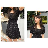 #F02# Summer Puff Sleeve Dress French Black Retro Square Collar Chiffon Floral