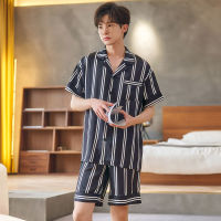 Mens Pajama Sets Short Sleeve Top With Shorts 2 Two Piece Stripe Print Sleepwear For Women Ice Silk Pyjamas Satin Home Clothes