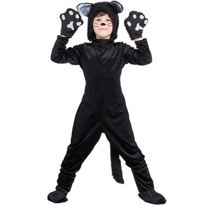 ชุดชุดสำหรับเด็กผู้ชายปาร์ตี้ Purim ฮาโลวีนสำหรับเด็กผู้ชายชุดแมวดำคอสเพลย์ชุดชุดจั๊มสูทมีฮู้ดเด็ก