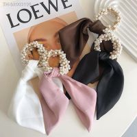 ☂✙■ Pearl Streamer Hair Rope Fashion Accessories Women Solid Color High Elastic Beaded Bow Hair Ring Rubber Band Ribbon Tie Headwear