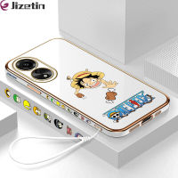 Jizatin ฟรีสายคล้อง OPPO 4G + ลายการ์ตูนอนิเมะลูฟี่ขอบสี่เหลี่ยม,เคสโทรศัพท์ชุบหรูหราชุบแบบนิ่มเคสโทรศัพท์