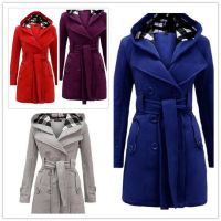 HOT★Jackets Women 2023 fashion New hooded belt double-breasted long coat women coats dropshipping BLK6321