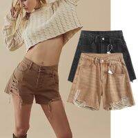 【hot】 Withered Ins Blogger Waist Ripped Denim Mom Shorts Fashion Ladies