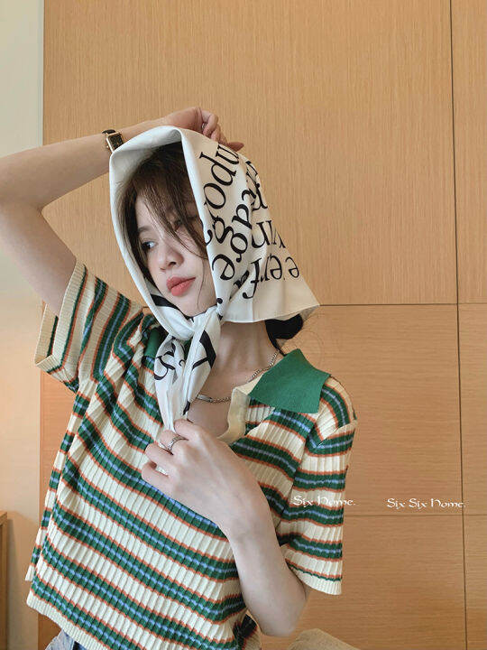 พร้อมส่ง-เสื้อไหมพรมแต่งคอปกลายทางครีมเขียวคอวี-สไตล์เกาหลีน่ารักมินิมอลมาก-จัดด่วนคร่า-lg015