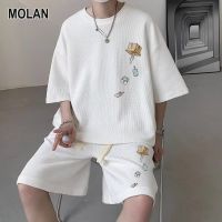 MOLAN เสื้อยืดคอกลมแขนสั้นชุดเสื้อยืดกีฬาแฟชั่นแขนสั้นของผู้ชายชุดสองชิ้นกางเกงขาสั้นแบบลำลองสำหรับผู้หญิง