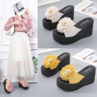 2023 Summer Slope Heel Sandals Womens Flower Muffin Thick-soled slippers High Heel Flip Flop