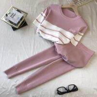 Fashion Designer Korean Elegant Knitted 2 Piece Pants Sets Short Sleeve O-neck Tops + Wide Leg Pants Suits  Autumn Sets