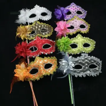 Women's Masquerade Mask Handheld Stick Lace Gold | Masquerade Store