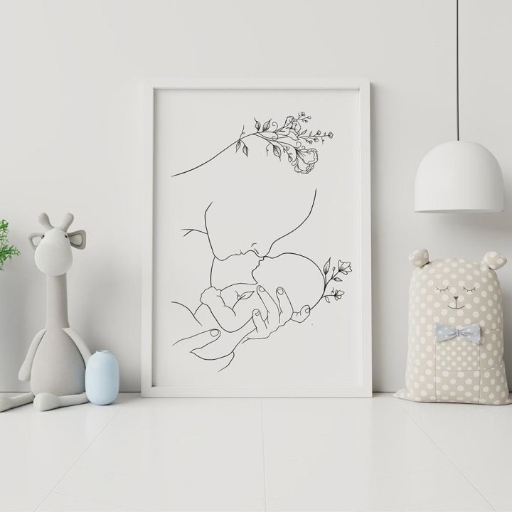 แม่และเด็กเด็ก-art-line-drawing-โปสเตอร์บทคัดย่อ-minimalist-wall-art-ผ้าใบพิมพ์ภาพวาดเนอสเซอรี่ภาพตกแต่ง