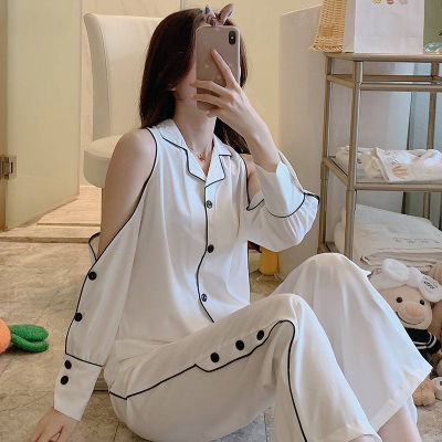 NHKDSASA Pyjama Sets For Woman Summer 2 Pieces White Nightgown Long Sleeve Shirts Pants Homewear Women Pajama Sleepwear XXL