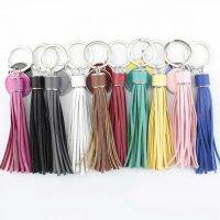 ZWPON Fashion Round Monogram Pompom PU Leather Tassel Keychain Bag Charms Key Ring Colorful Enamel Female Jewelry Wholesale