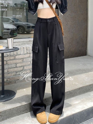 HengShanYuan อเมริกาแบบย้อนยุค Workwear กางเกงลำลองเอวสูงเสื้อสูทมีกระเป๋ากางเกงขายาวหลวมขากางเกงขากว้าง