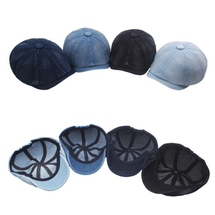 hotchrlck-berets-ผู้ชายผู้หญิงแบนหมวกหมวกล้างผ้าฝ้าย-denim-beret-หมวก-vintage-ศิลปินจิตรกร-beret-หมวก-unisex-แปดเหลี่ยม-newsboy-หมวก