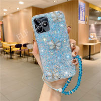 พร้อมเคสสายคล้องมือ Realme เคสโทรศัพท์ TPU แบบน่มซิลิโคนกลิตเตอร์ C51สำหรับ Realme C53เคส NFC ลายผีเสื้อเจาะแวววับน่ารักทันสมัย Realmec53 2023