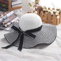 [hot]Hot Sale Fashion Hepburn Wind Black White Striped Bowknot Summer Sun Hat Beautiful Women Straw Beach Hat Large Brimmed Hat