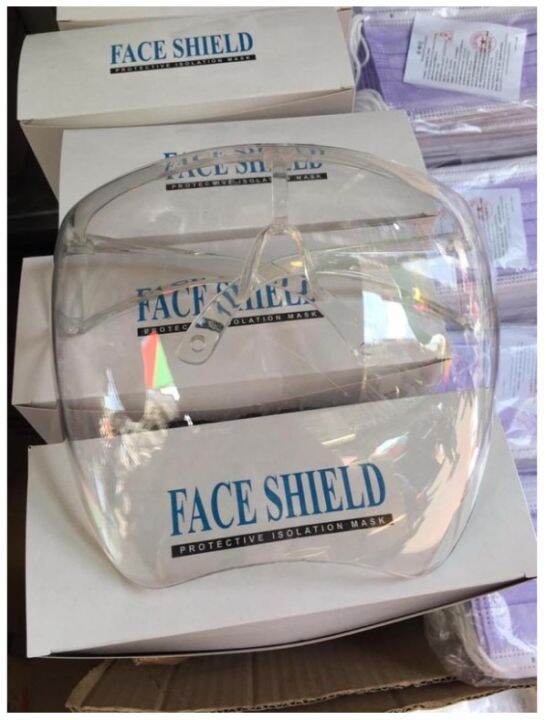 พร้อมส่ง-face-shield-เฟสชิว-หน้ากากคลุมหน้า-ช่วยป้องกันละอองฝอย-หน้ากากใส-หน้ากากกันน้ำลาย-แบบติดกับแว่น-faceshield