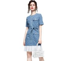 2023 Summer fashion ladies dress Pleated Lace-up checkered skirt midi denim dress women