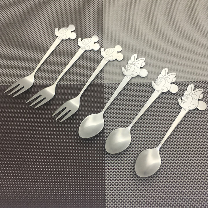 6pcs-stainless-steel-tea-spoons-set-cartoon-mickey-spoon-fork-cream-dessert-teaspoon-portable-kids-children-baby-cutlery