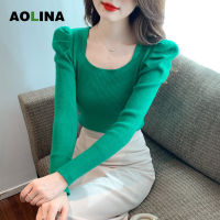 AOLINA เสื้อสเวตเตอร์คาร์ดิแกนแขนพองคอสี่เหลี่ยม2022เข้ารูปใหม่ฤดูใบไม้ร่วงฤดูหนาว