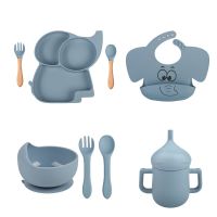 3/7/8PCS Baby Soft Silicone Sucker Bowl Plate Cup Bib Spoon Fork Set Non-slip Cartoon Elephant Childrens Feeding Dishes Cutlery Bowl Fork Spoon Sets