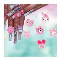 20pcs Sanrioed My Melody Hello Kitty Nail Charms Kawaii Glitter Nail Jewelry Gems Cartoon Flat Back Resin Nail Stickers