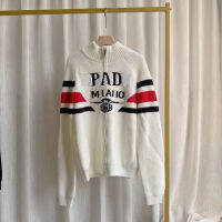 High Quality Internet Celebrity Same PD Red, pradaˉWhite and Black Color Matching Letters Jacquard Half Turtleneck Knitted Cardigan Coat Temperament Top Fashion