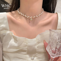 WHC Jewelry สร้อยคอจี้โลหะรูปไข่มุกแสนสวยสำหรับผู้หญิงโซ่ไหปลาร้าลูกปัดใหม่