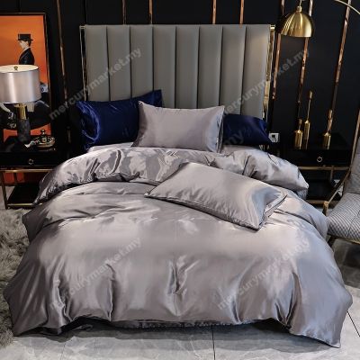 ✔ 【2PCS Pillowcase Included】 Ice Silk Quilt Cover Set with Zipper Soft Fitted Sheet Pillowcase Set