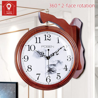 MZD【Bedroom/ห้องรับแขก/ทำงาน/Kitchen】Decorative ในครัวเรือน360องศาสองด้านนาฬิกาไม้เนื้อแข็งที่สร้างสรรค์ผนังแสงนาฬิกา Luxury Two-นาฬิกาแขวนข้างแฟชั่นโมเดิร์นเรียบง่าย Silent Wall นาฬิกา