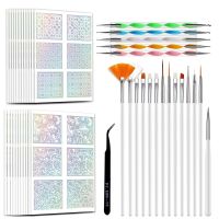 45Pcs Nail Art Decoration Tools Set Polish Transfer Stickers Decals Template + Tweezers + Brushes + Dotting Rhinestones Pen Artist Brushes Tools