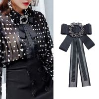 Korean Fashion Bow Tie Brooches Pins Handmade Black Fabric Crystal Bows Necktie Female Shirt Collar School Uniform Accessories