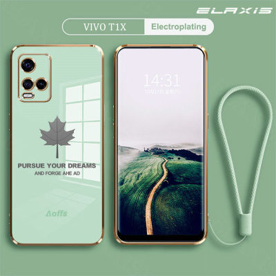 VIVO T1X เคสโทรศัพท์มือถือพิมพ์ลายใบเมเปิ้ล,เคสโทรศัพท์ TPU นิ่มขอบตรงป้องกันการตกพร้อมสายคล้อง