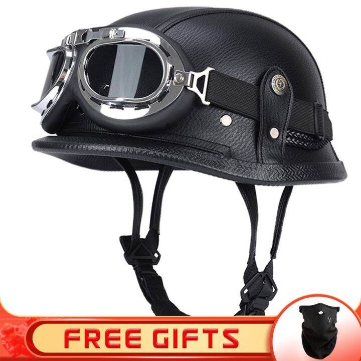 Jyt German Pu Leather Motorcycle Helmet Four Seasons Retro Half Face 