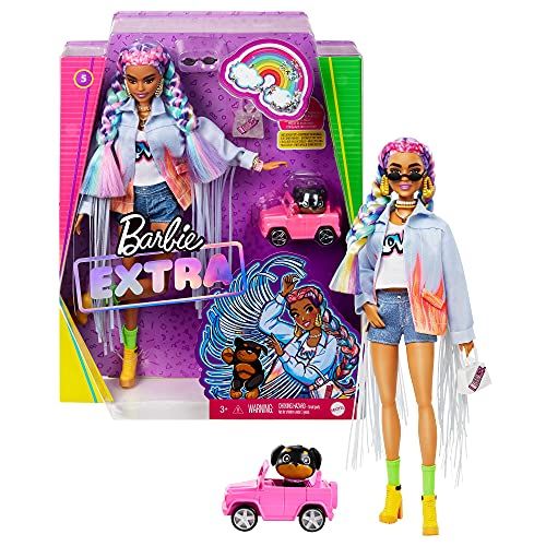 PRE-ORDER] Barbie Extra Doll #5 in Long-Fringe Denim Jacket with Pet Puppy,  Rainbow Braids, Layered Outfit & Accessories Including Car for Pet,  Multiple Flexible Joints, Gift for Kids 3 Years Old &