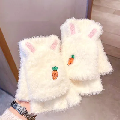Cartoon Carrot Gloves Carrot Rabbit Plush Gloves Half Finger Flip Gloves Winter Gloves For Women Knitted Gloves For Girls