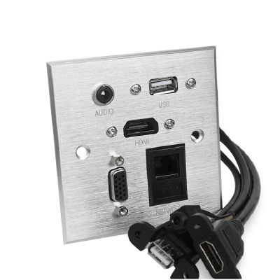 เต้ารับติดผนังเดสก์ท็อปซ็อกเก็ตแผงโลหะผสมอลูมิเนียมสีเงินขัดเงาการส่งสัญญาณเสียง3.5มม. RJ45 USB VGA HDMI-Compatible