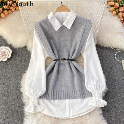 Joinyouth Korean White Shirts Tops Camisas De Mujer Knitted Sashes Sweater Vest Fashion Two Piece Set Women 2 Pcs Femme Roupas