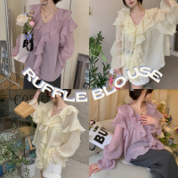 พร้อมส่ง! Ruffle blouse?? C3644 เสื้อเบลาส์ เสื้อแขนยาวระบาย เสื้อคาร์ดิแกน เสื้อผู้หญิง เสื้อทำงานผู้หญิง เสื้อสไตล์เกา