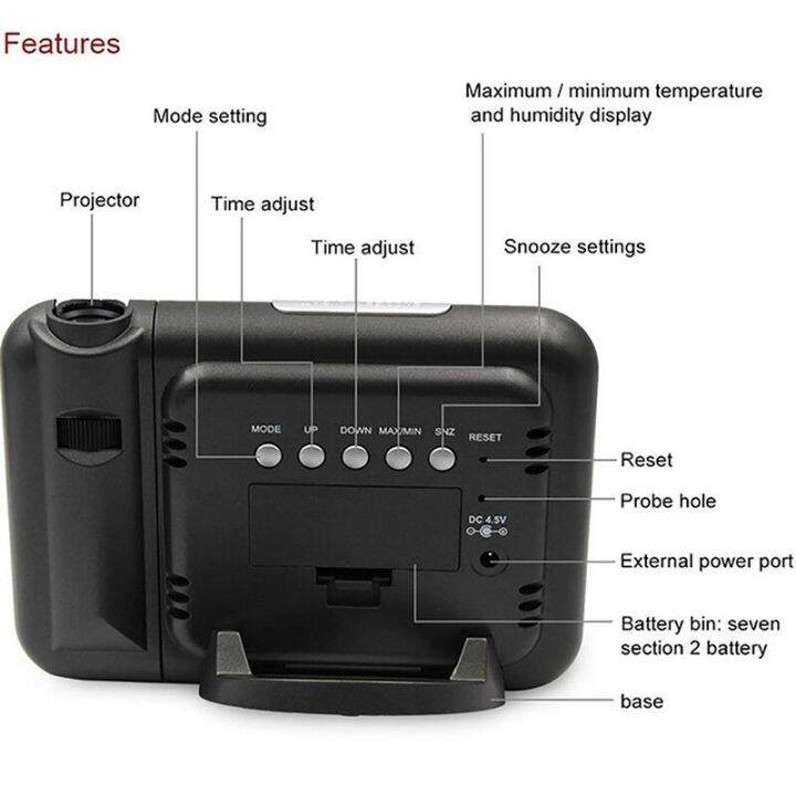 นาฬิกานาฬิกาปลุกดิจิตอลผนังการฉายภาพหน้าจอ-lcd-สภาพอากาศปลุกแบบเลื่อนปลุกเลเซอร์คู่นาฬิกานาฬิกาข้อมือตั้งโต๊ะแสดงผลสีแบบหมุนได้