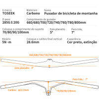 Nsbk53eemmt TOSEEK บาร์จักรยานภูเขาคาร์บอนแบบเต็มด้ามจับจักรยานเสือภูเขา28.6มม.-17องศาน้ำหนักเบา660 ~ 80070/80/100มม. อุปกรณ์เสริมสำหรับขี่จักรยาน