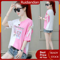 Ruidiandian เสื้อยืดแขนสั้นผ้าฝ้ายบริสุทธิ์ผู้หญิง S-3XL 40-85กก.,เสื้อเกาะอกทรงหลวมแต่งตะเข็บตัดกันสำหรับฤดูร้อน