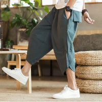 NGHG MALL-New mens Chinese style Thai style hemp 7-point harem pants male loose plus size casual cropped pants wide-leg pants trend