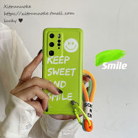 P30pro เคสโทรศัพท์มือถือสายคล้องฟลูออเรสเซนต์หน้ายิ้มแบบอังกฤษ Huawei เหมาะสำหรับใหม่ Nova7ผู้ชายและผู้หญิง P40pro คู่รักอินเทรนด์ขอบรวมทุกอย่างกรอบสีเขียวนิ่มฝาครอบป้องกันกันตก