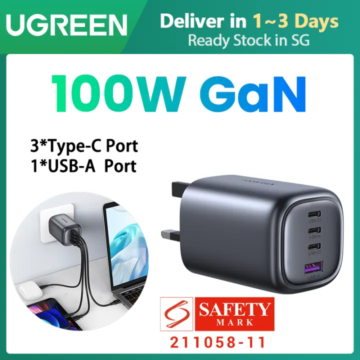 UGREEN 100W GaN 4-Port Fast Charger 3C1A 3 Type C 1 USB A Charger for MacBook Pro/Air, Dell XPS, iPad Mini/Pro iPhone 14 13 Pro Max iPhone 14 Plus Samng Galaxy S22 Ultra S21, Pixel, and More(Safety Ma