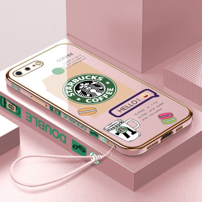 เคสเคสมือถือสำหรับ iPhone 7 Plus 7 + / iPhone 8พลัส8 + พร้อมฟรีสายคล้อง + แฟชั่น Starbucks โลโก้ขอบสี่เหลี่ยมชุบเคลือบฝาหลังนิ่ม