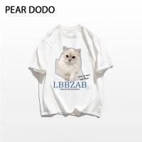 PEAR DODO เกาหลีพิมพ์รอบคอแมวพิมพ์เสื้อยืดแขนสั้นสำหรับผู้หญิง