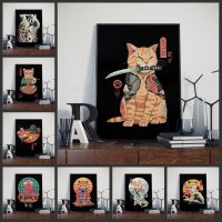2023┋❖卐 Japanese Samurai Cat Posters and Prints Ramen Nostalgia Quality Cartoon Canvas Paintings Animal Wall Art Pictures for Home Decor